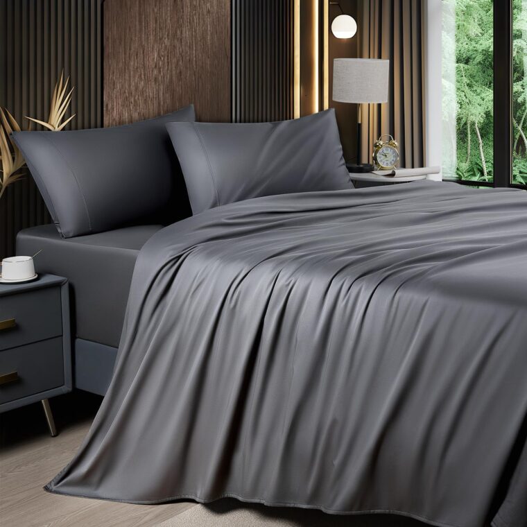 Shilucheng 4-Piece Queen Size Sheets Set，Rayon Derived from Bamboo_，Cooling & Breathable Bed Sheets, Silky Bedding Sheets & Pillowcases, 16 Inch Deep Pockets (Queen,Dark Grey)